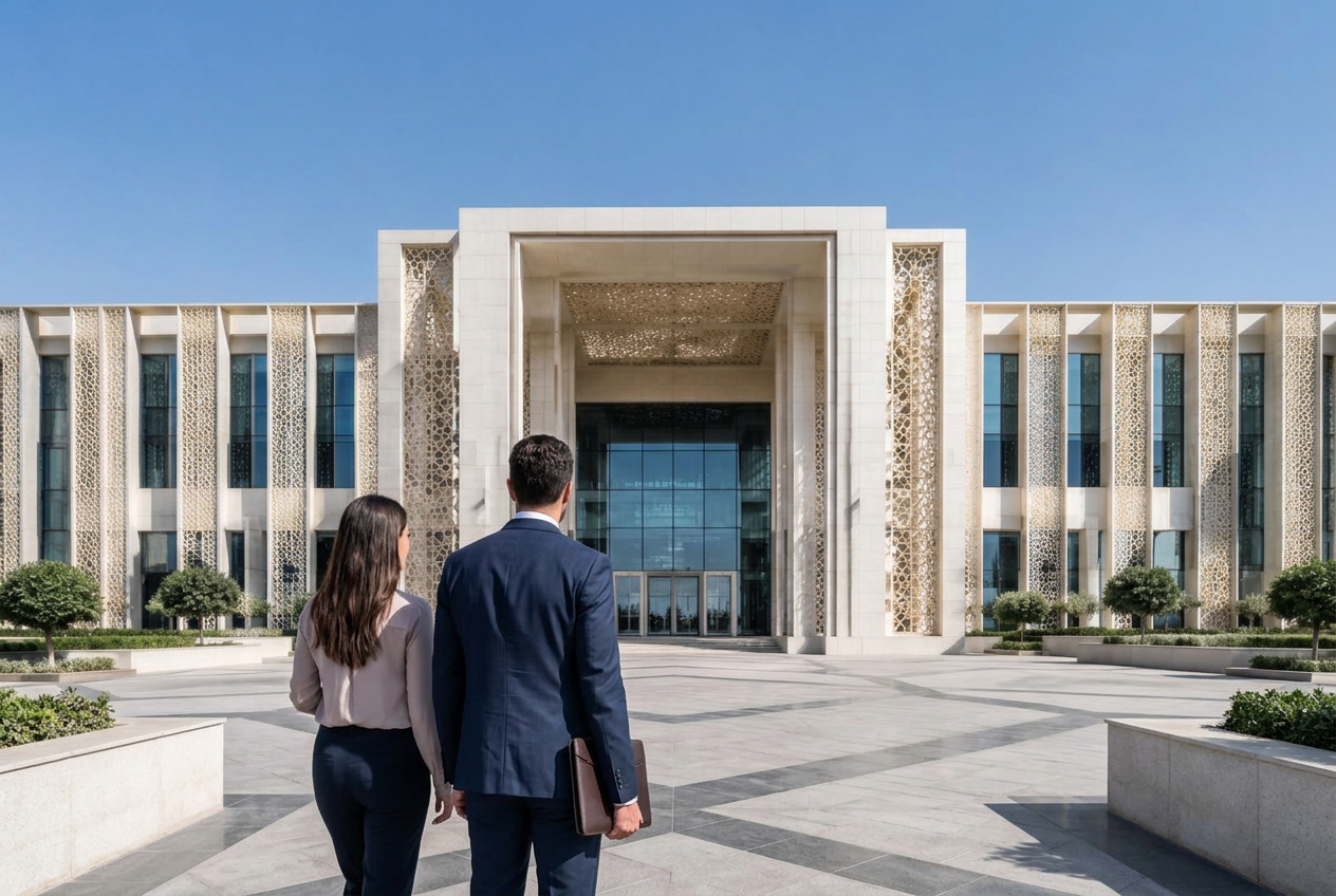 Business visitors approaching a contemporary civic building