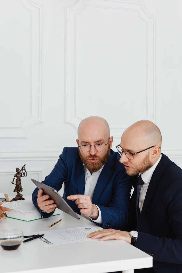 Two professionals discussing with a digital tablet during a business meeting in an office setting.